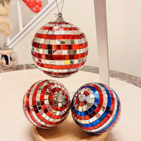 Lot of 3 Vintage Patriotic Mirror Disco Ball Ornaments Christmas Party 4.25 in